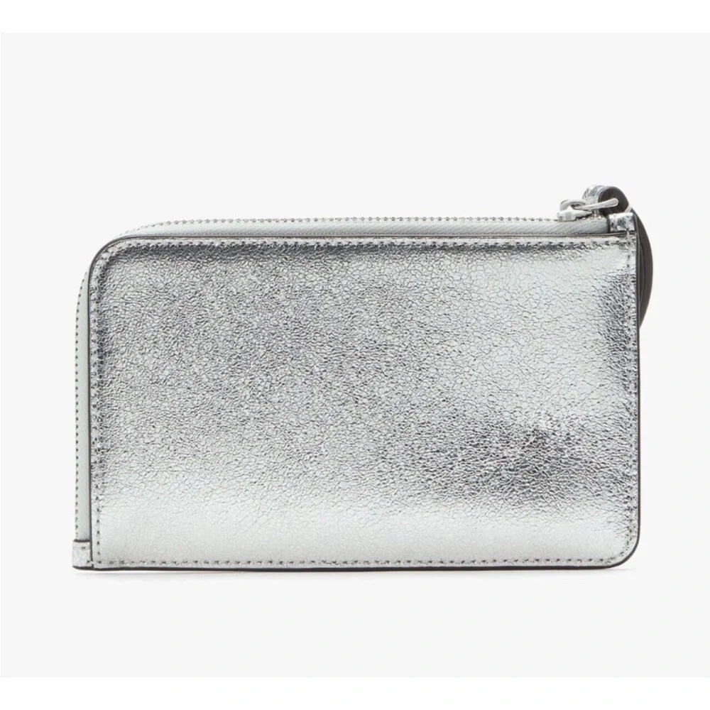 NWT Kate Spade Lucy Metallic Leather Small Zip Wristlet Silver Pink Interior